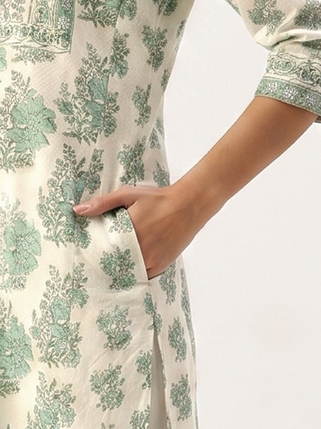 Ivory With Green Floral Printed Mandarin Collar Kurta