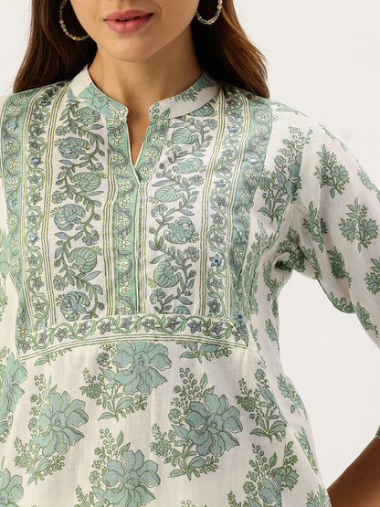 Ivory With Green Floral Printed Mandarin Collar Kurta