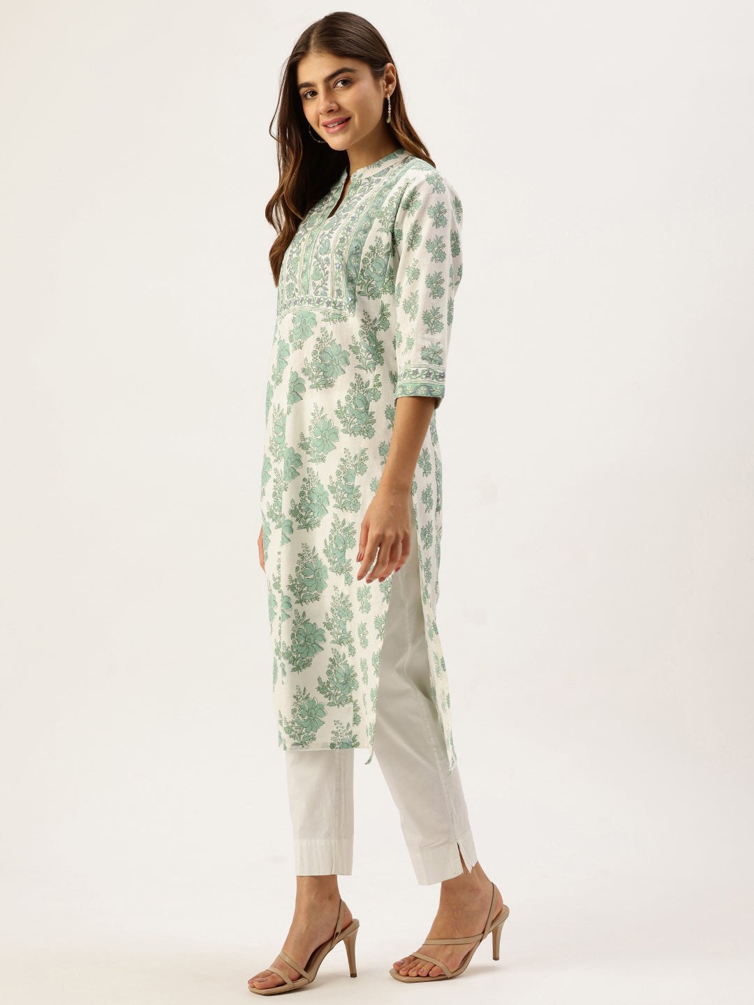 Ivory With Green Floral Printed Mandarin Collar Kurta