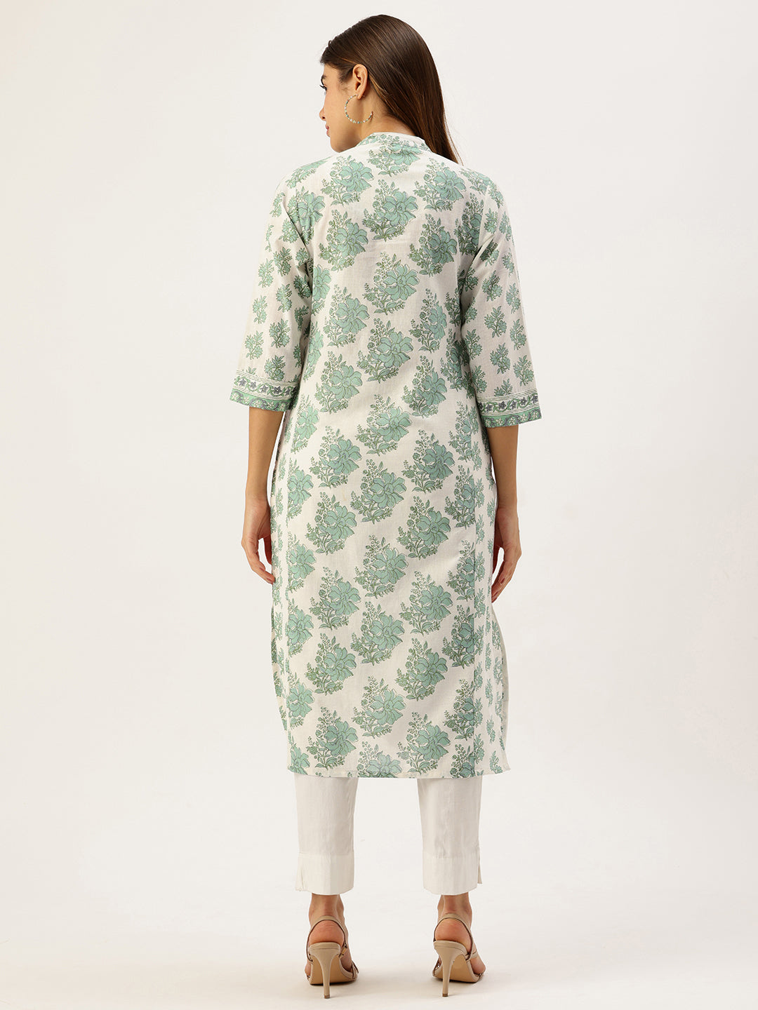 Ivory With Green Floral Printed Mandarin Collar Kurta