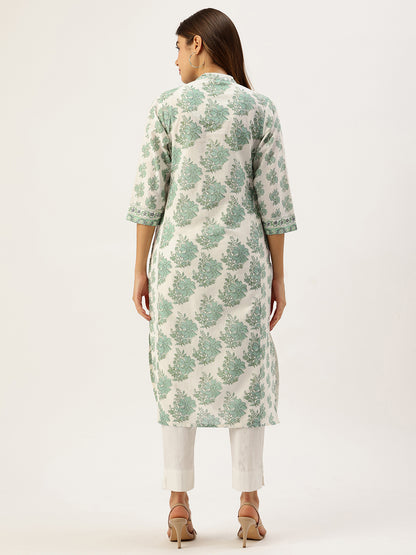 Ivory With Green Floral Printed Mandarin Collar Kurta