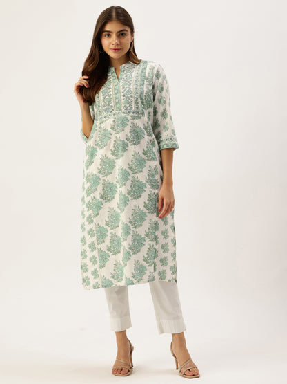 Ivory With Green Floral Printed Mandarin Collar Kurta
