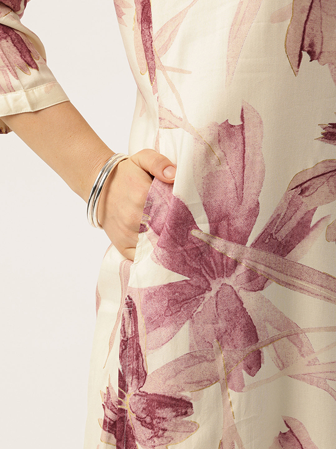 White With Pink Floral Printed Mandarin Collar Kurta