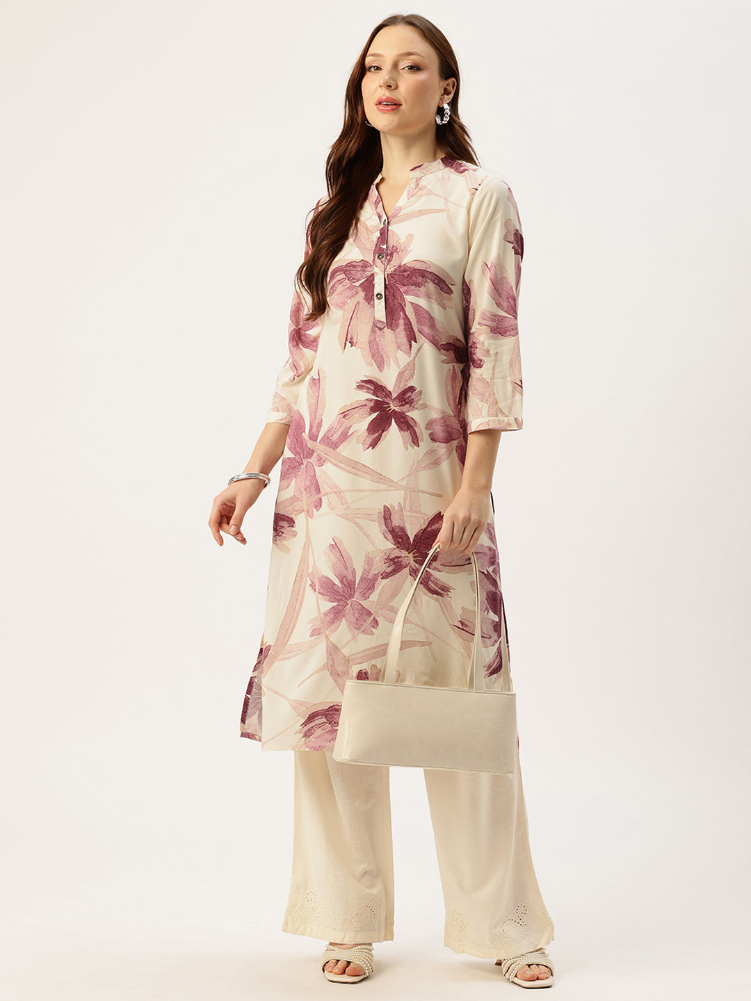 White With Pink Floral Printed Mandarin Collar Kurta