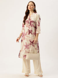 White With Pink Floral Printed Mandarin Collar Kurta