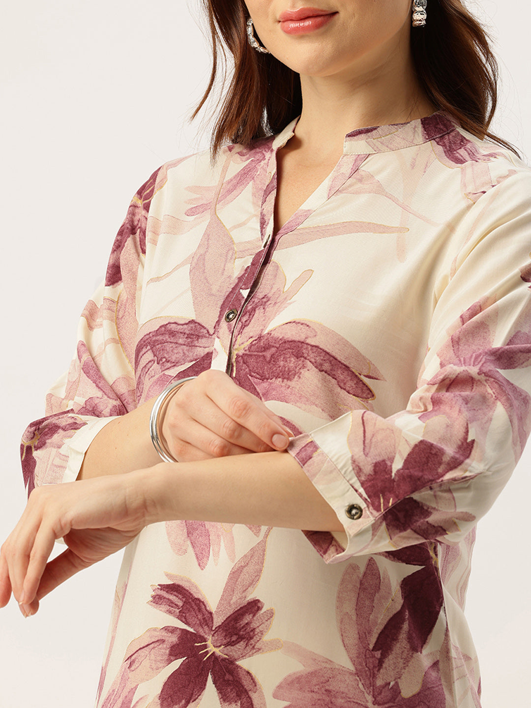 White With Pink Floral Printed Mandarin Collar Kurta