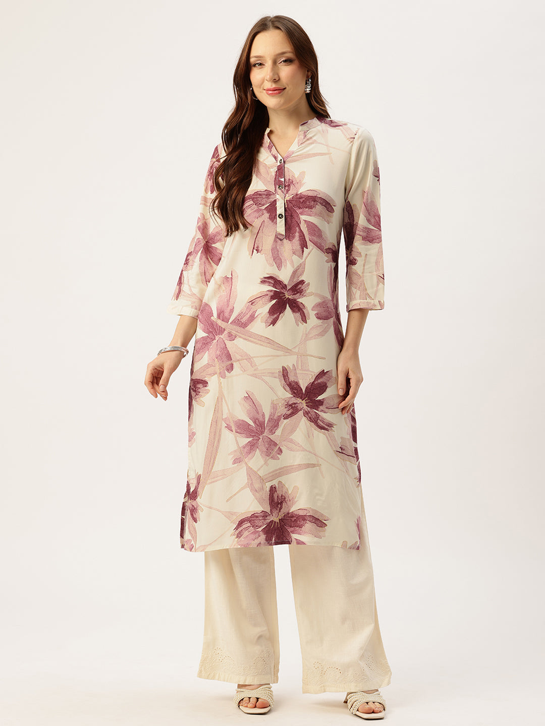 White With Pink Floral Printed Mandarin Collar Kurta