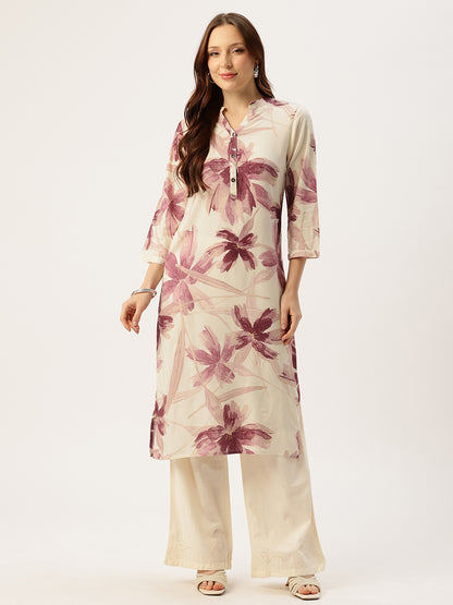 White With Pink Floral Printed Mandarin Collar Kurta