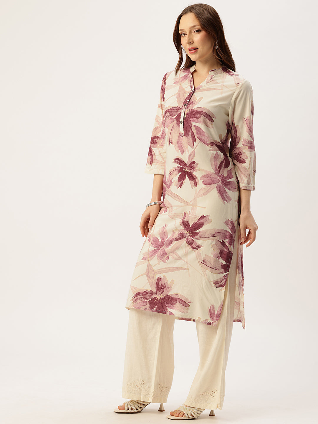 White With Pink Floral Printed Mandarin Collar Kurta