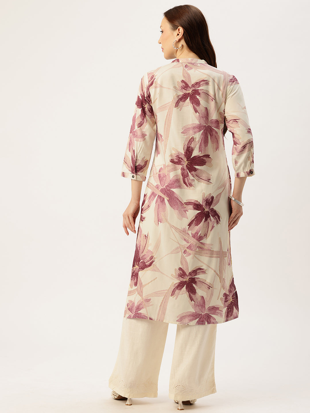 White With Pink Floral Printed Mandarin Collar Kurta