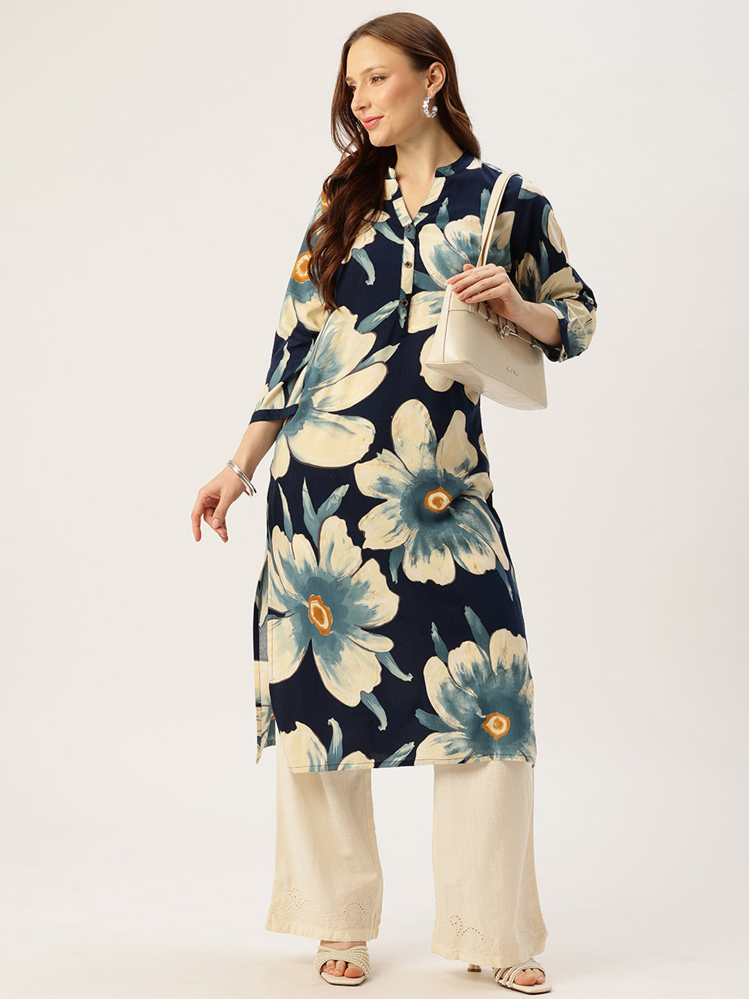 Blue With Beige Floral Printed Mandarin Collar Kurta