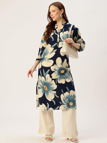 Blue With Beige Floral Printed Mandarin Collar Kurta