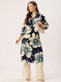 Blue With Beige Floral Printed Mandarin Collar Kurta