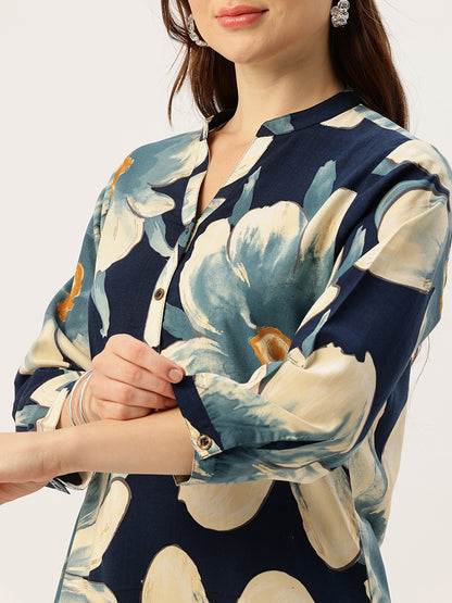 Blue With Beige Floral Printed Mandarin Collar Kurta