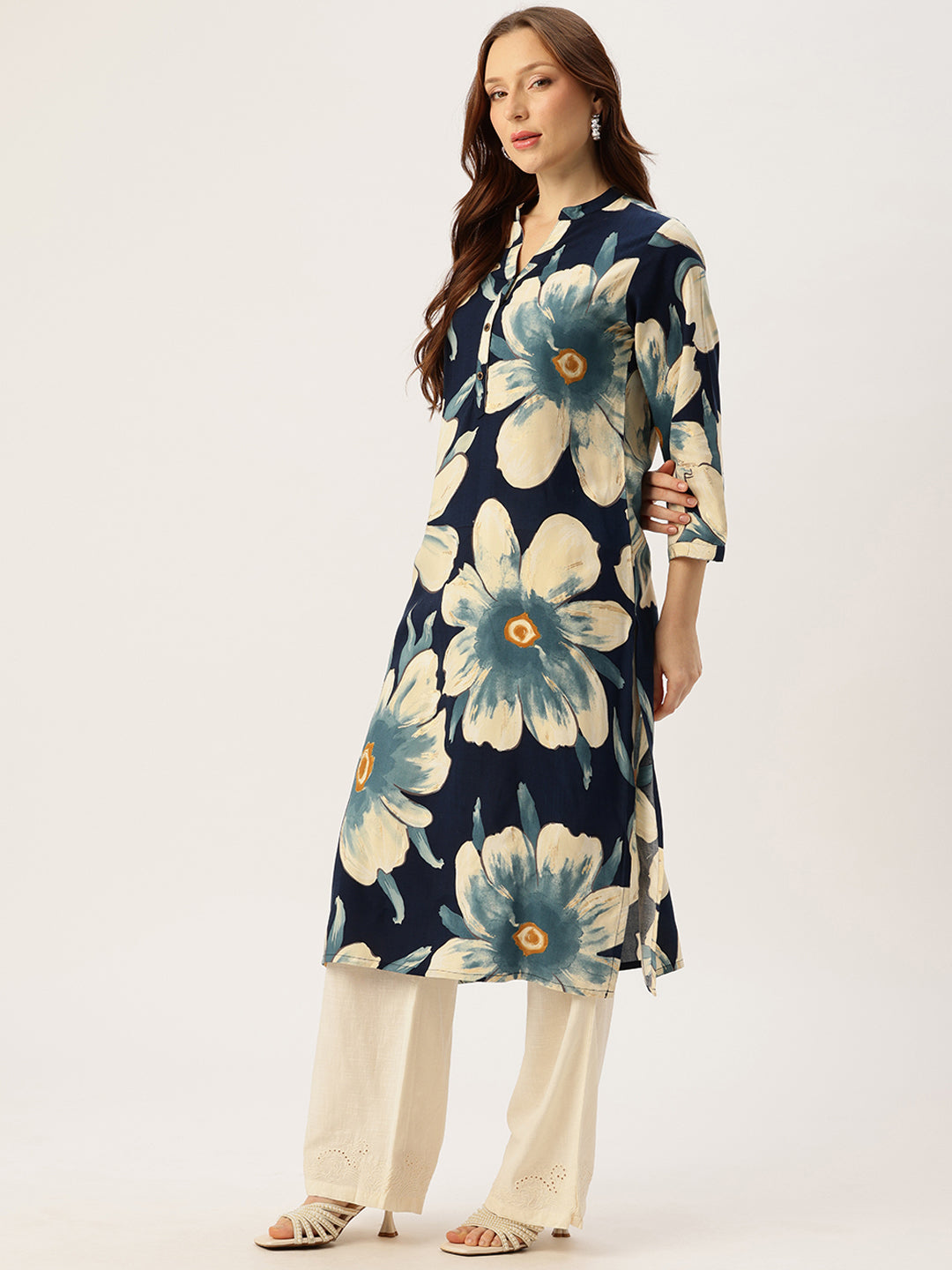 Blue With Beige Floral Printed Mandarin Collar Kurta