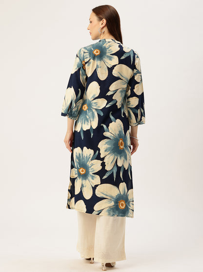 Blue With Beige Floral Printed Mandarin Collar Kurta