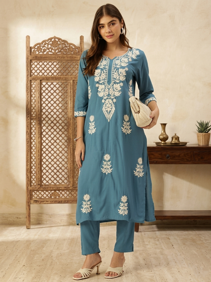 Light Blue Floral Embroidered Straight Kurta