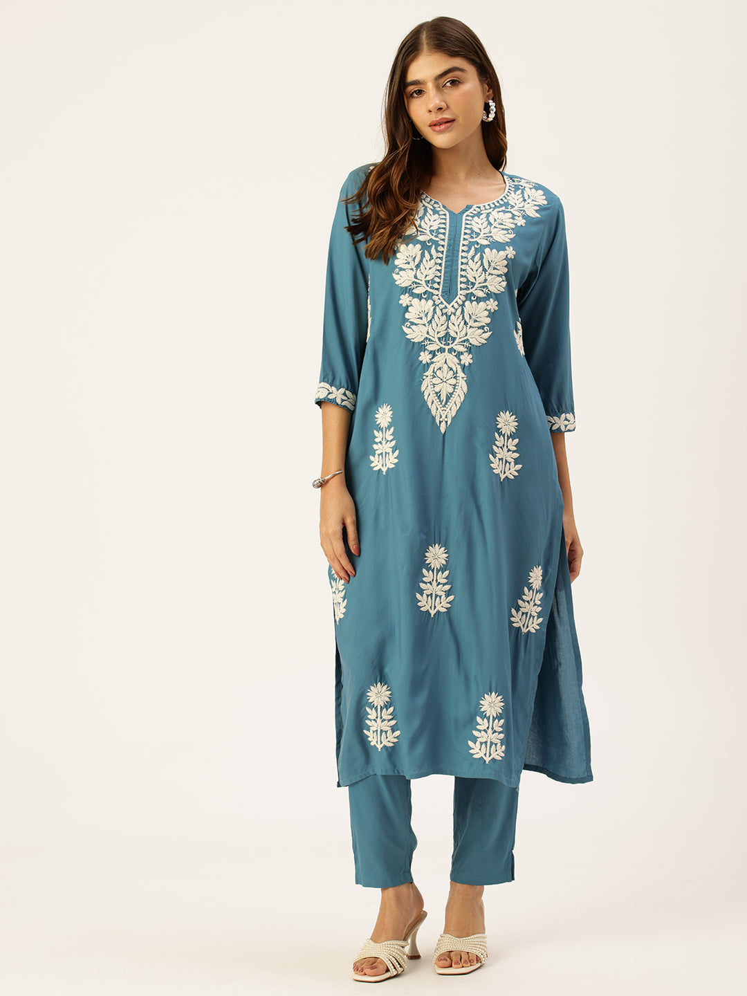 Light Blue Floral Embroidered Straight Kurta