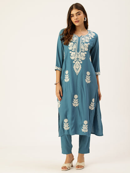 Light Blue Floral Embroidered Straight Kurta