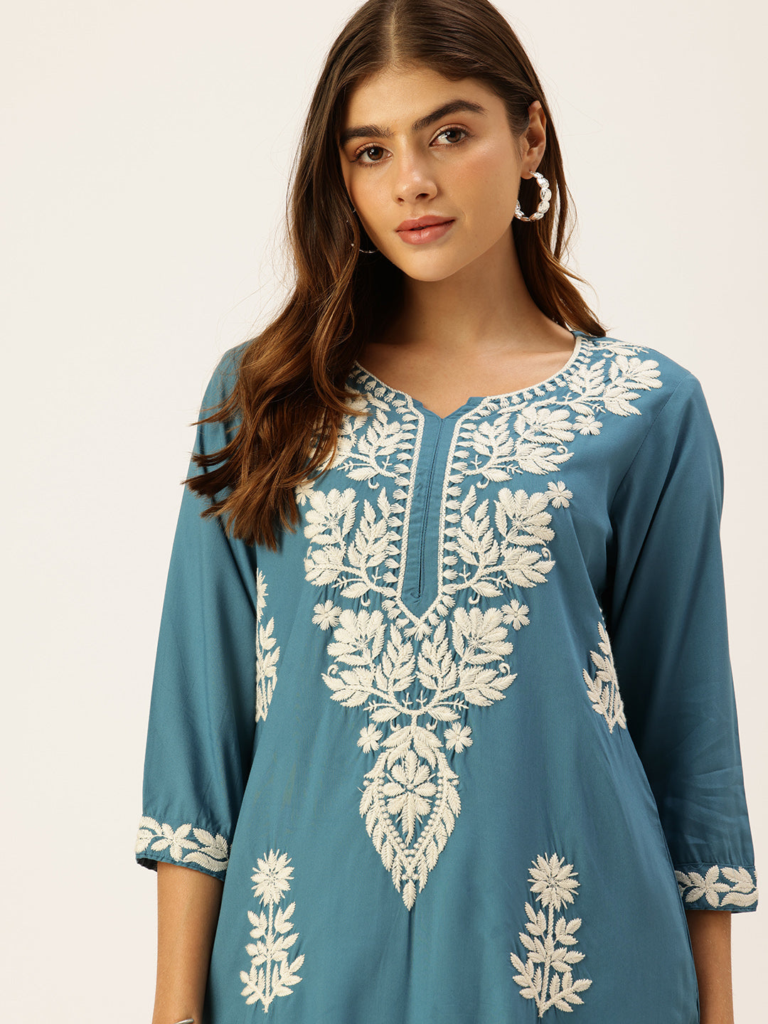 Light Blue Floral Embroidered Straight Kurta