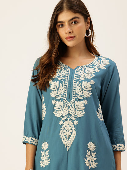 Light Blue Floral Embroidered Straight Kurta