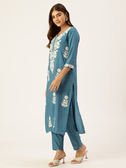 Light Blue Floral Embroidered Straight Kurta