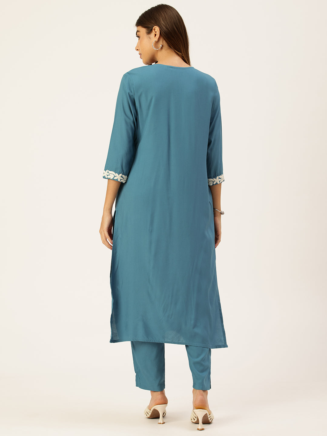 Light Blue Floral Embroidered Straight Kurta