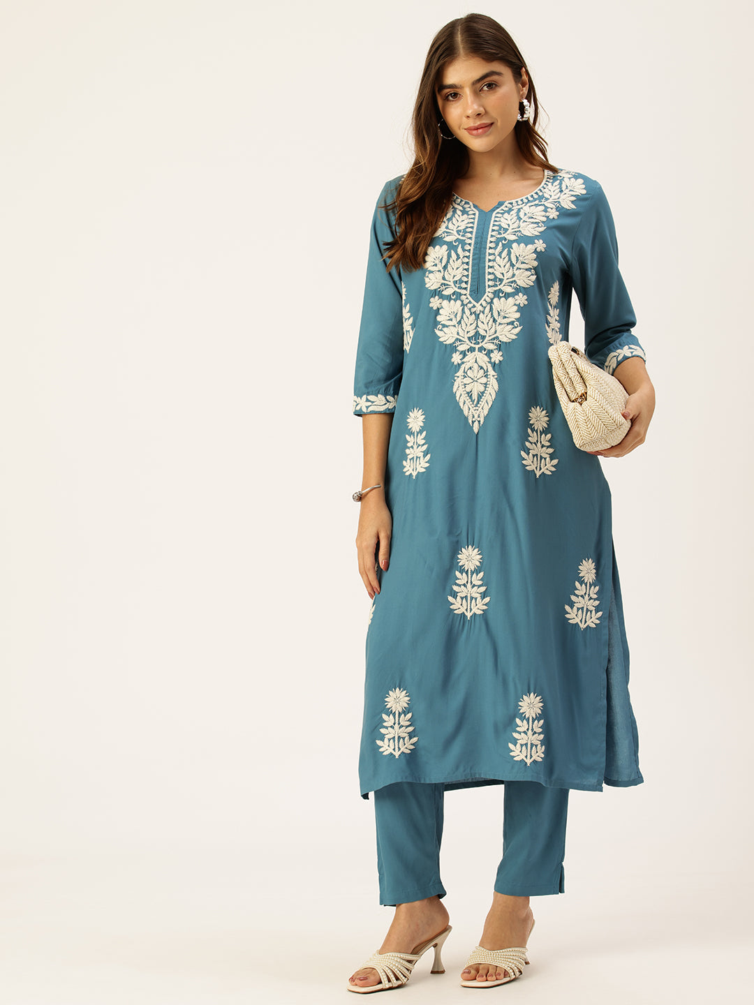 Light Blue Floral Embroidered Straight Kurta