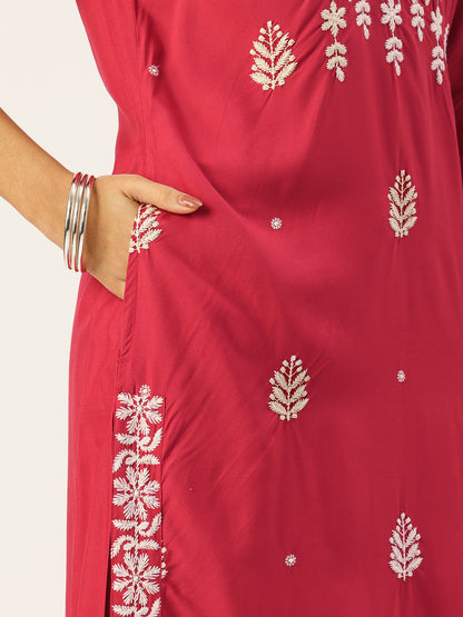 Fuchsia Floral Embroidered Straight Kurta