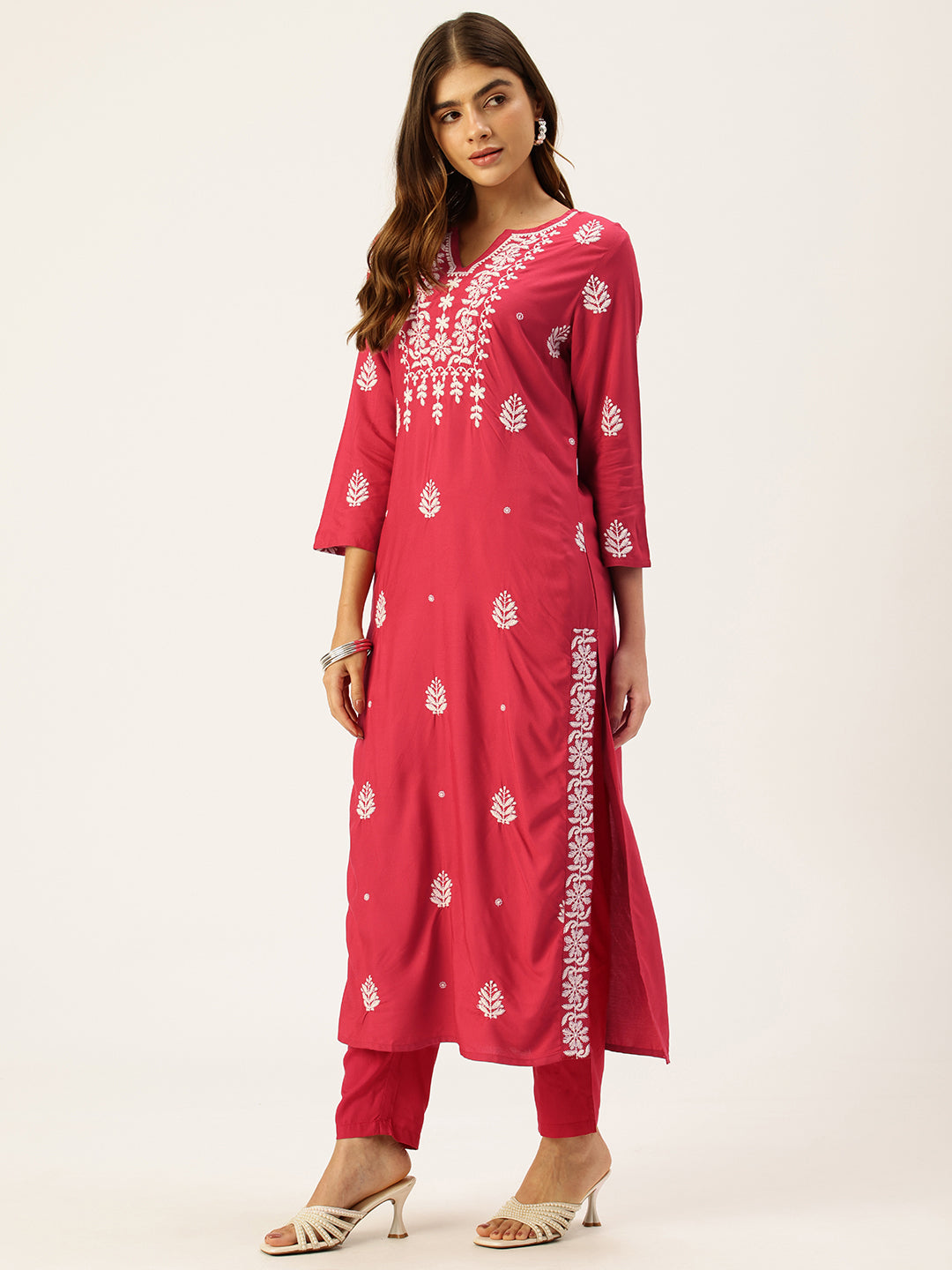 Fuchsia Floral Embroidered Straight Kurta