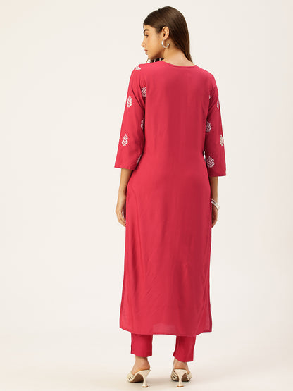 Fuchsia Floral Embroidered Straight Kurta
