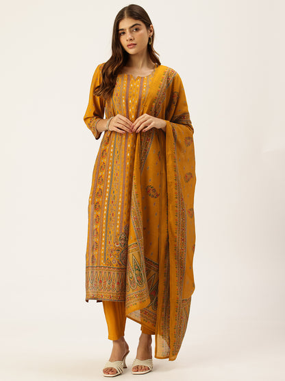 Yellow Ethnic Motifs Printed Kurta with Trousers With Dupatta