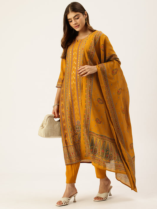 Yellow Ethnic Motifs Printed Kurta with Trousers With Dupatta