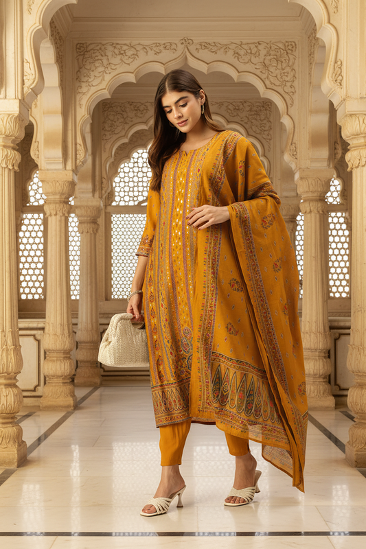 Yellow Ethnic Motifs Printed Kurta with Trousers With Dupatta