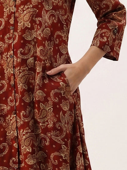 Red With Beige Printed A - Line Kurta
