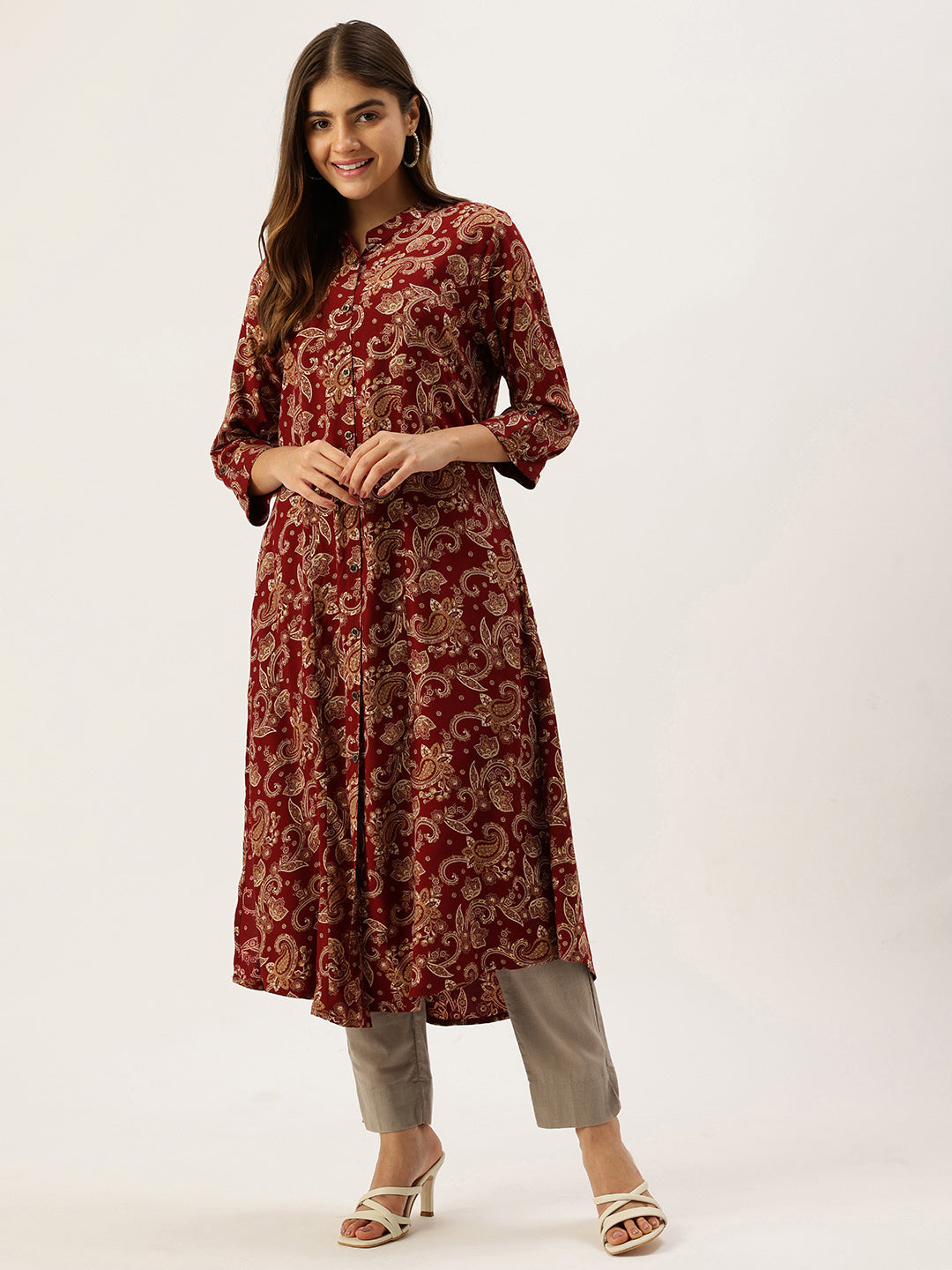 Red With Beige Printed A - Line Kurta