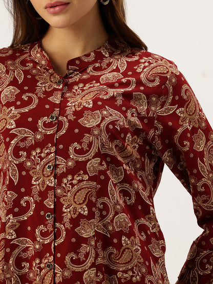 Red With Beige Printed A - Line Kurta