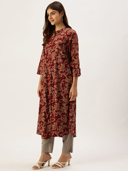 Red With Beige Printed A - Line Kurta