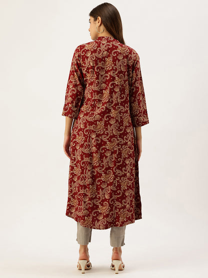 Red With Beige Printed A - Line Kurta