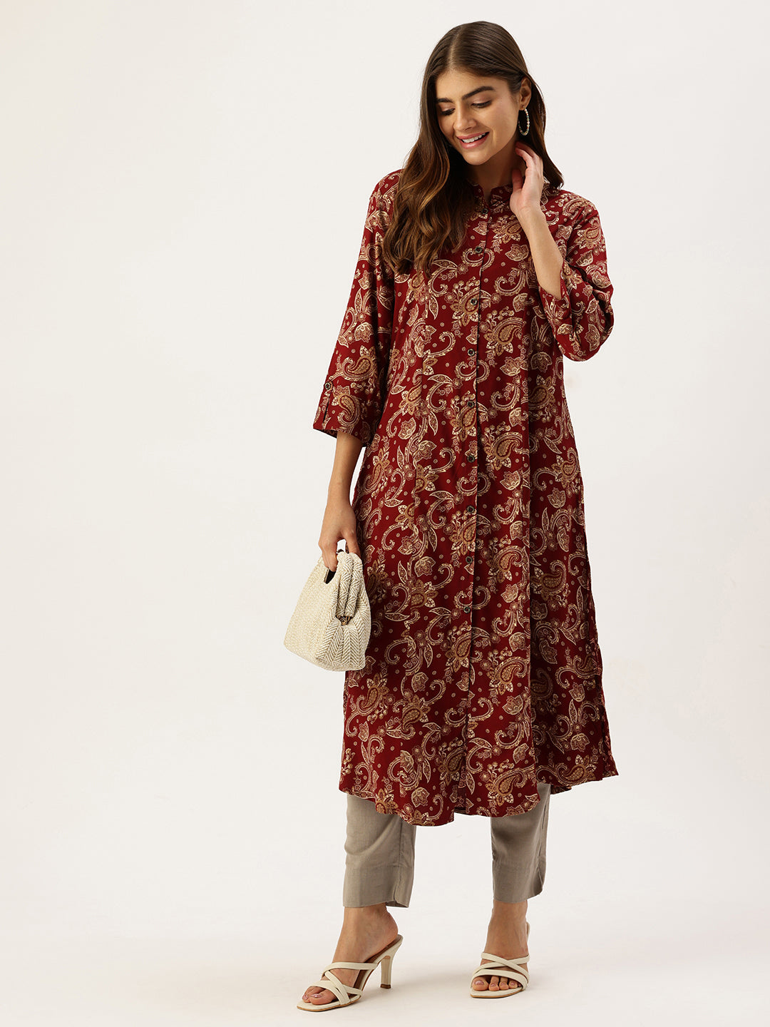 Red With Beige Printed A - Line Kurta