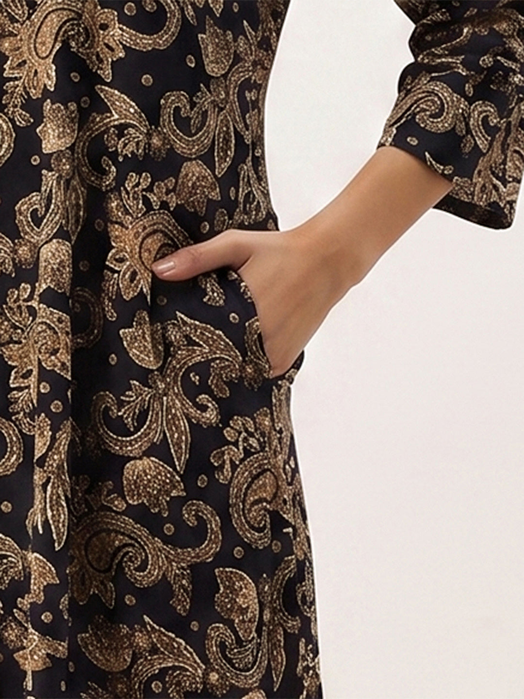Navy With Beige Printed A - Line Kurta