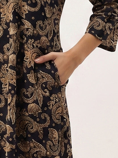 Navy With Beige Printed A - Line Kurta