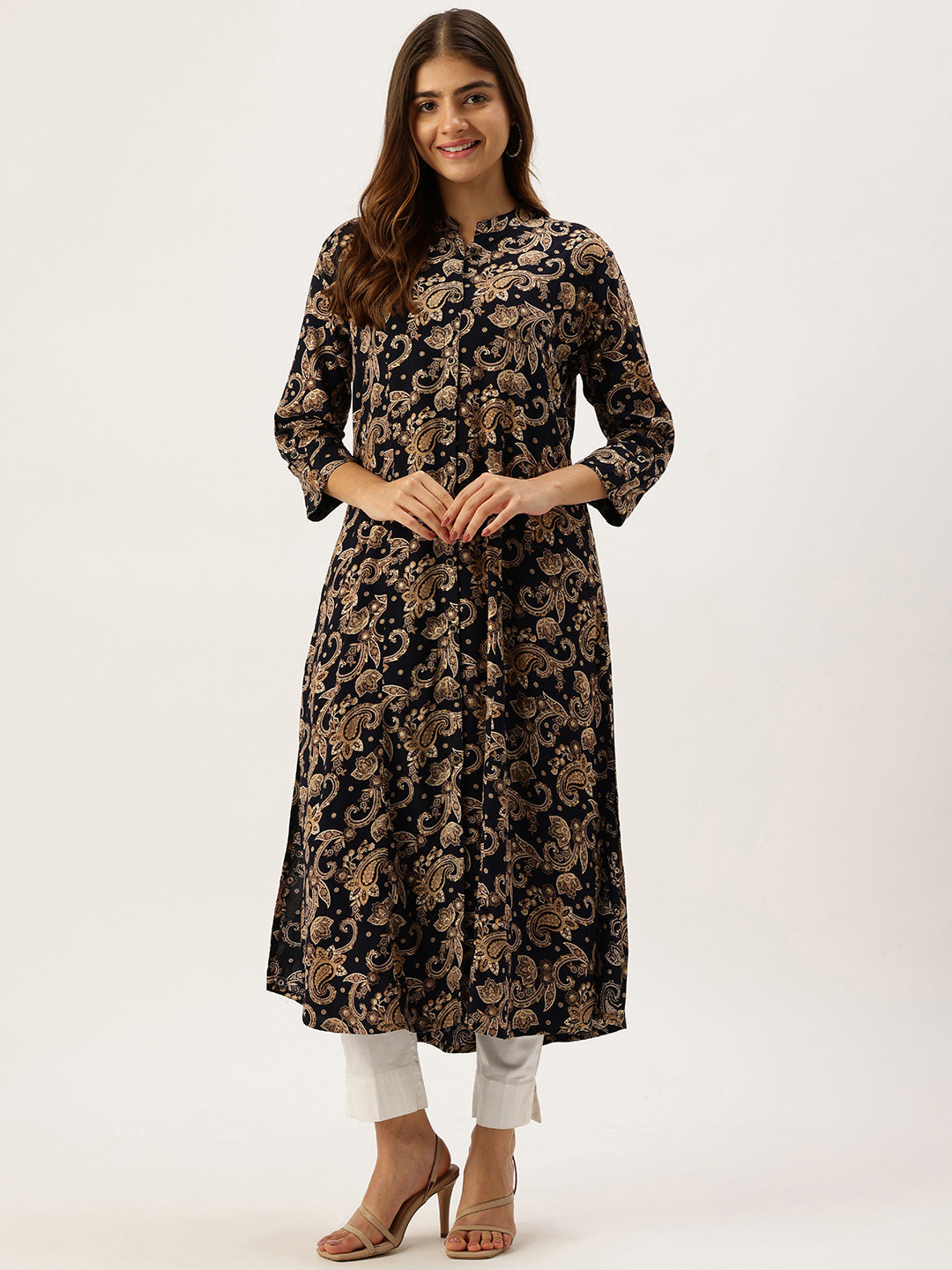 Navy With Beige Printed A - Line Kurta