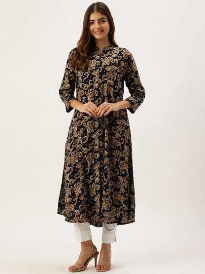 Navy With Beige Printed A - Line Kurta