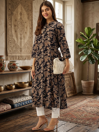 Navy With Beige Printed A - Line Kurta