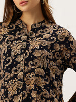 Navy With Beige Printed A - Line Kurta