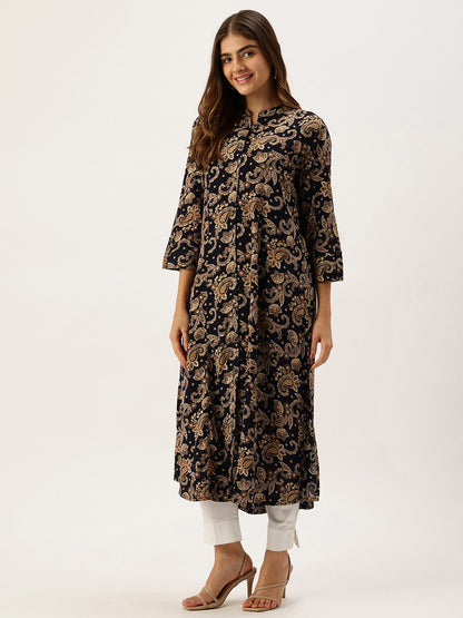Navy With Beige Printed A - Line Kurta