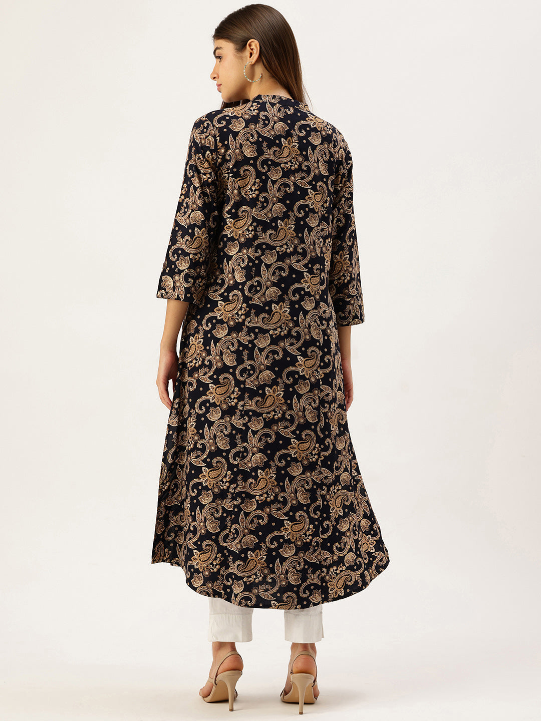 Navy With Beige Printed A - Line Kurta