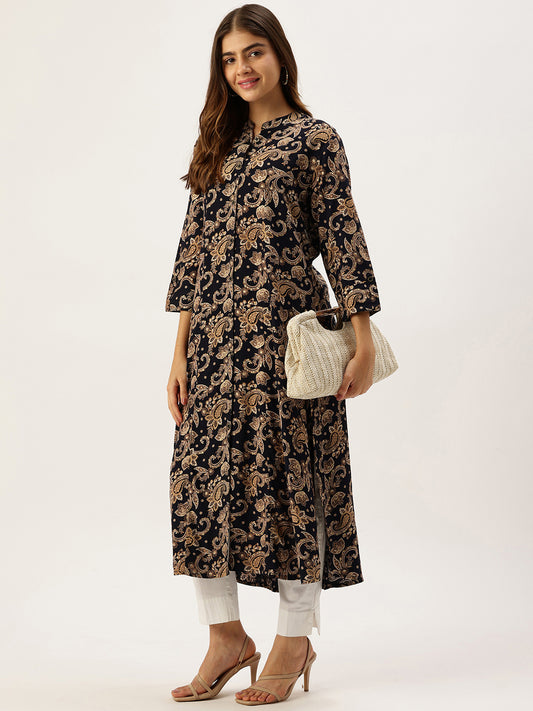 Navy With Beige Printed A - Line Kurta