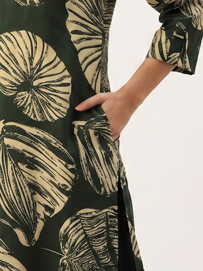 Green Big Floral Printed Round Neck Kurta